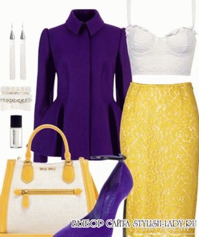 С чем носить желтую юбку, фиолетовый + желтый, фото