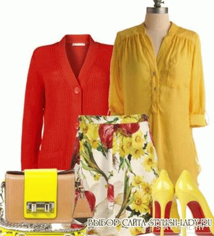 С чем носить желтую блузку, красный + желтый, фото